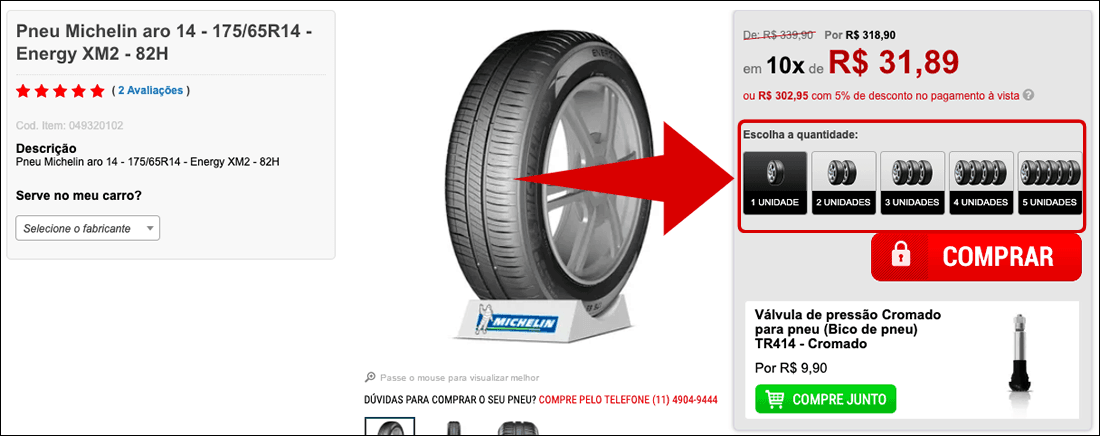 confirmando a quantidade de pneus desejados